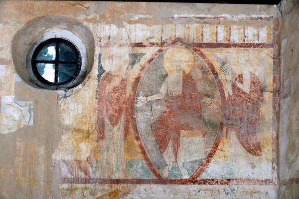 Prikaz dijela zidne slike Posljednjeg suda: Krist sudac, sveta Marija i  sveti Ivan