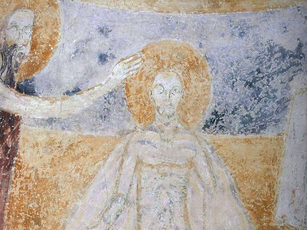 Lik Krista u rijeci Jordanu na zidnoj slici Krštenja Kristova