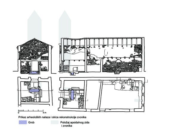 Grafički prikaz arheoloških nalaza u crkvi s prijedlogom rekonstrukcije zvonika