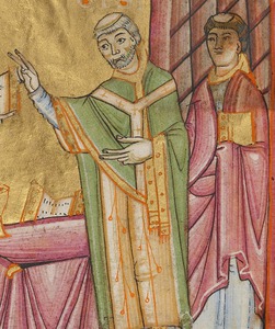 Benedikcional porečkog biskupa Engilmara, minijatura Biskup Engilmar služi misu ili Predaja benedikcionala biskupu