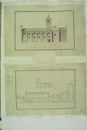 Crtež uzdužnog presjeka Eufrazijane (zvonik, krstionica, atrij, bazilika, presvođenja dvorana, cella)