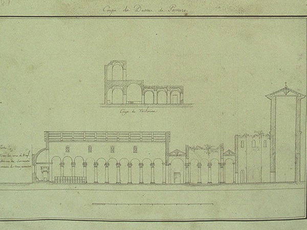 Crtež  uzdužnog presjeka Eufrazijane (zvonik, krstionica, atrij, bazilika, presvođenja dvorana, cella), detalj