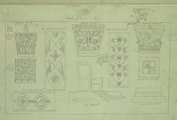 Crteži detalja u Eufrazijani (štukature, kapiteli, katedra, Eufrazijev monogram), povećano
