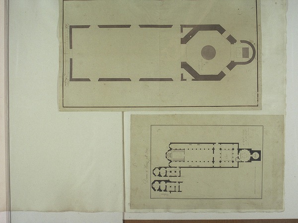 Crtež tlocrta Eufrazijeve bazilike (zvonik, krstionica, atrij, bazilika, presvođena dvorana, cella),