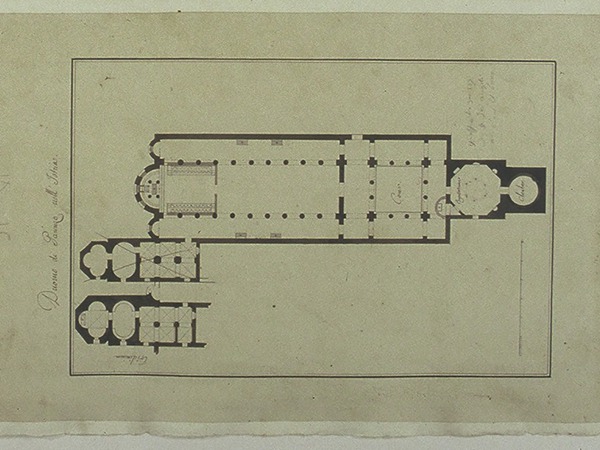 Crtež tlocrta Eufrazijeve bazilike (zvonik, krstionica, atrij, bazilika, presvođena dvorana, cella), detalj