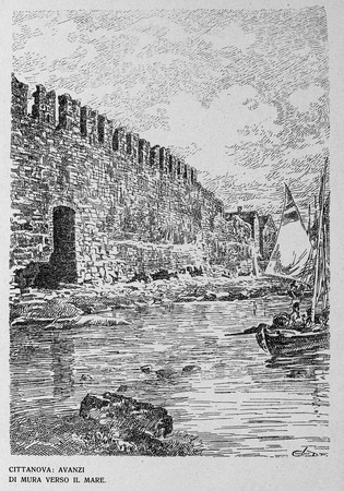 Crtež gradskih zidina prema moru u Novigradu objavljen u knjizi G. Caprina, L'Istria Nobilissima...