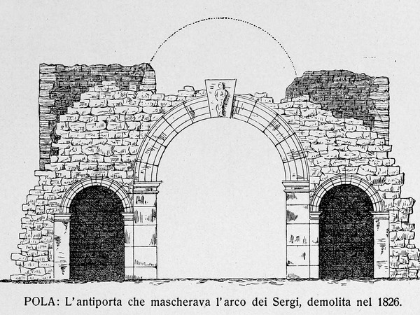 Crtež demoliranih vrata ispred slavoluka Sergijevaca objavljen u knjizi G. Caprina, L'Istria Nobilissima...