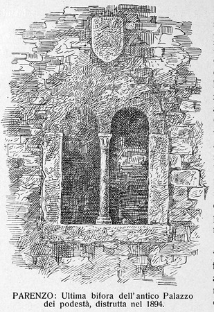 Crtež romaničke bifore na komunalnoj palači  objavljen u knjizi G. Caprina, L'Istria Nobilissima...