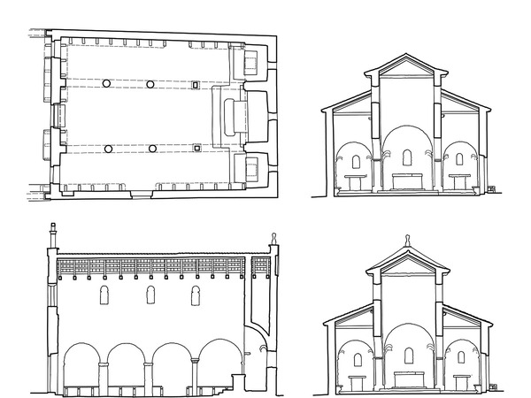 Crkva svete Foške, tlocrt, uzdužni presjek, poprečni presjek prije i nakon restauracije