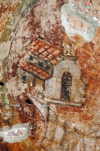 Zidna slika sveca s modelom crkve i knjigom u medaljonu