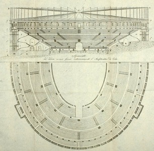 Prikaz rekonstrukcije amfiteatra, presjek i tlocrt