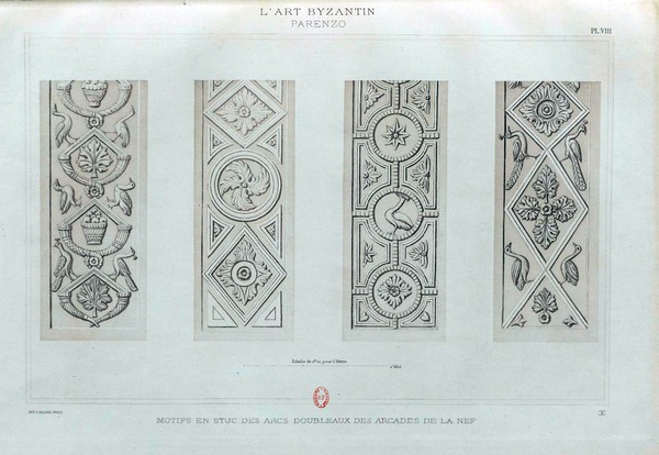 Crteži štukatura u lukovima arkada  i u apsidi Eufrazijeve bazilike objavljeni u knjizi Errard-Gayet...