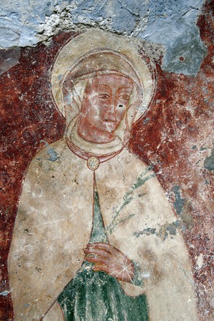 Zidna slika u crkvi tijekom restauracije, detalj prikaza svetice