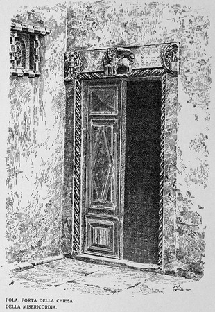 Crtež bočnih vrata crkve Marije Milisrdnice  objavljen u knjizi G. Caprina, L'Istria Nobilissima...