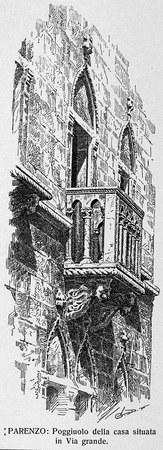 Crtež bifore s balkonom na kući u Dekumanskoj ulici, objavljen u knjizi G. Caprina, L'Istria Nobilissima...