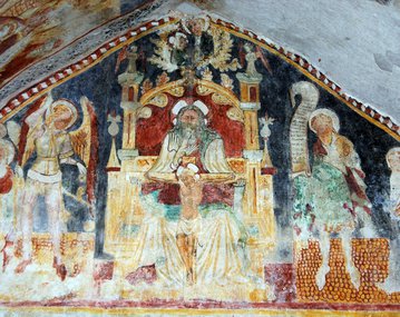 Istočni zid, prikaz Prijestolja milosti, Bogorodice s Djetetom,  sv. Kristofor, Ivan Krstitelj, Antun Padovanski i arkanđeo Mihovil, (arhiva Konzervatorskog odjela u Rijeci)