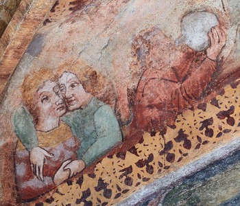 Zidna slika Razdvajanje duša blaženika i prokletnika, prefiguracija grijeha bluda i neumjerenosti u piću (1)