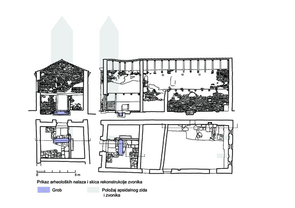 Grafički prikaz arheoloških nalaza u crkvi s prijedlogom rekonstrukcije zvonika