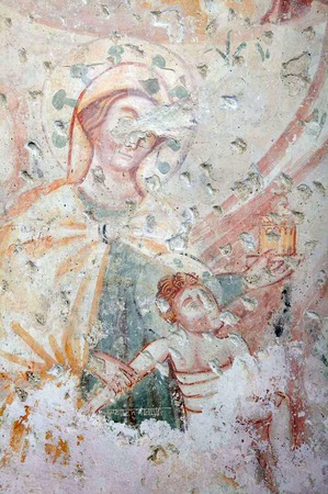 Zidna slika Poklonstva kraljeva na sjevernom zidu, detalj Bogorodice s djetetom