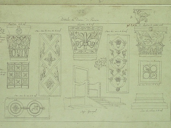 Crteži detalja u Eufrazijani (štukature, kapiteli, katedra, Eufrazijev monogram), povećano