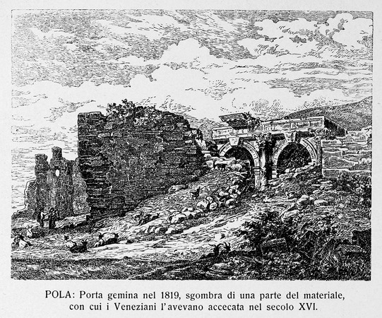 Crtež dvojnih vrata (Porta gemina) objavljen u knjizi G. Caprina, L'Istria Nobilissima...