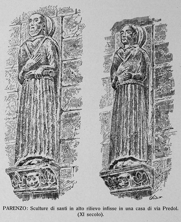 Crtež kipova svetaca uzidanih na Kuću "dva sveca"