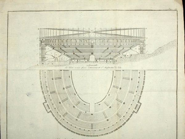 Prikaz rekonstrukcije amfiteatra, presjek i tlocrt