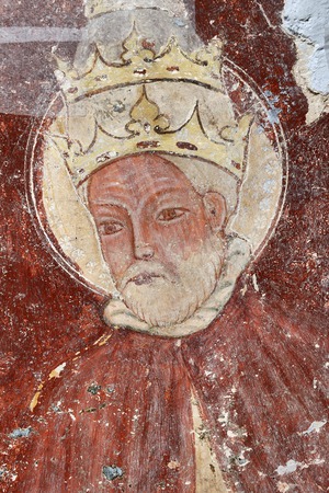 Zidna slika u crkvi tijekom restauracije, detalj prikaza svetog pape