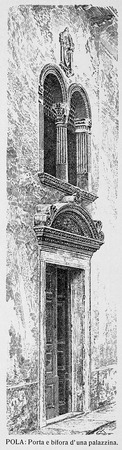 Crtež portala i bifore na kući Scampicchio  objavljen u knjizi G. Caprina, L'Istria Nobilissima...